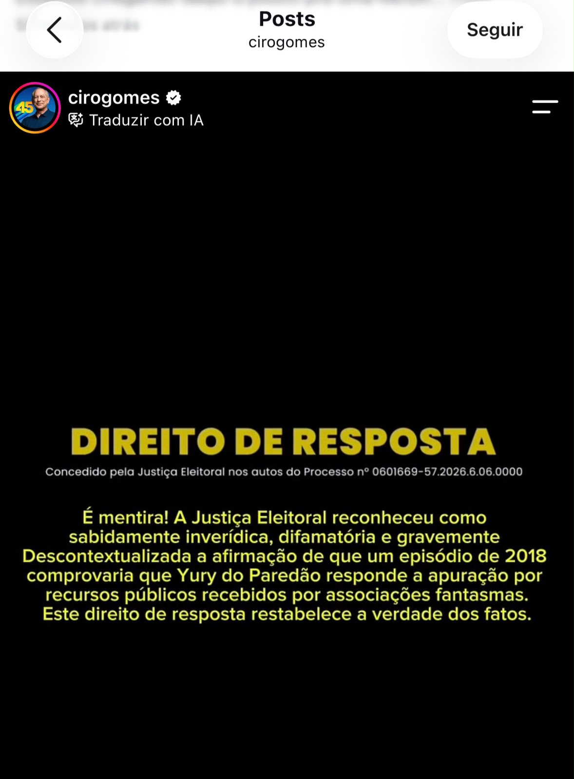 Ciro Gomes publica direito de resposta de Yury do Paredão após decisão da Justiça Eleitoral