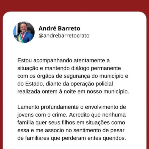 Prefeito do Crato se manifesta nas redes sociais após tiroteio desta quinta-feira (15)